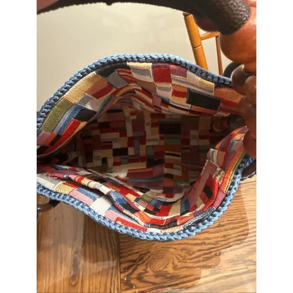 Blue Brown Wooden Bead Crochet Knit Lined Purse Tote‎ Handbag One Size